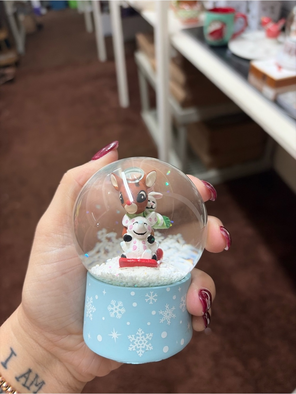 Blue Snowflake Reindeer and Cow Holiday Snow Globe